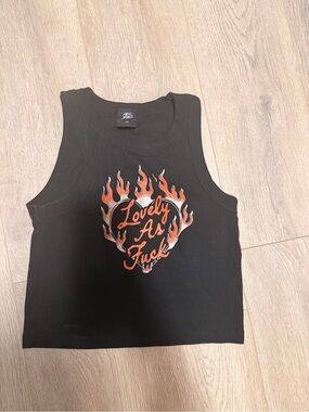 Black Cropped Graphic Tank Top with Orange Flame Script